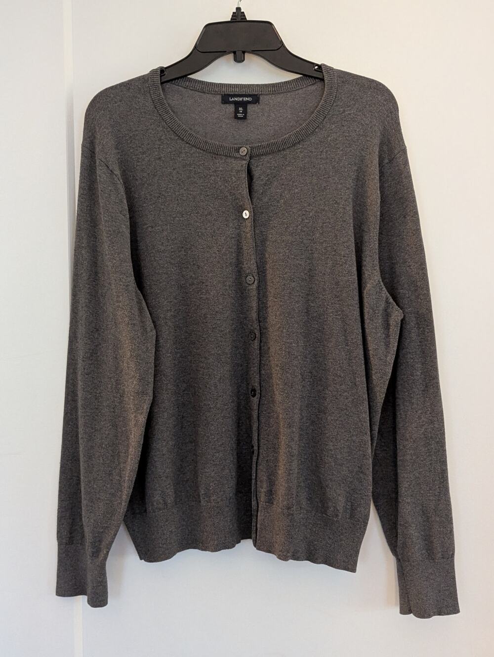 Lands End Cardigan Sweater Womens XL 18 Charcoal Gray Cotton Blend Button Front